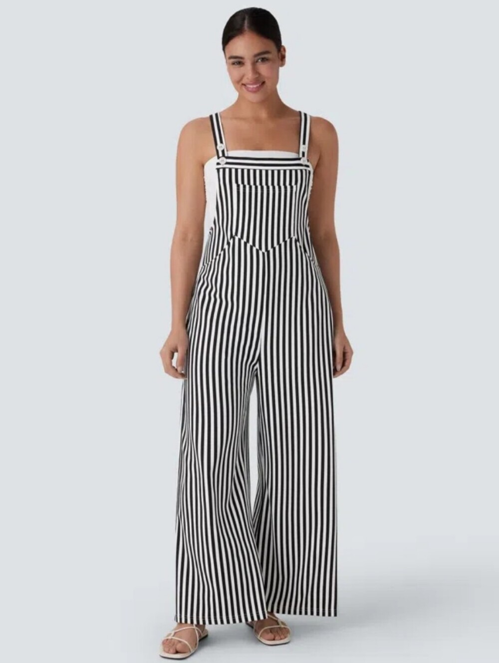 Halara Waffle Pockets Stripe Overalls Size Small Regular Black & White